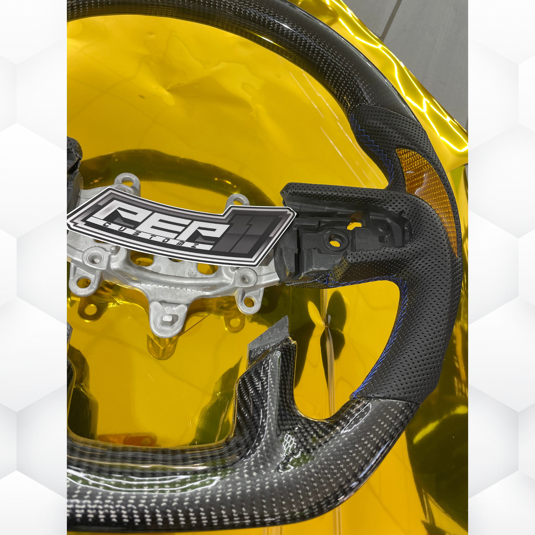 2018+ Dodge Ram 1500 Non LED / Carbon Fiber / Black Leather / Blue Stitching / Yellow/Gold Thumb Inlays - Image 2