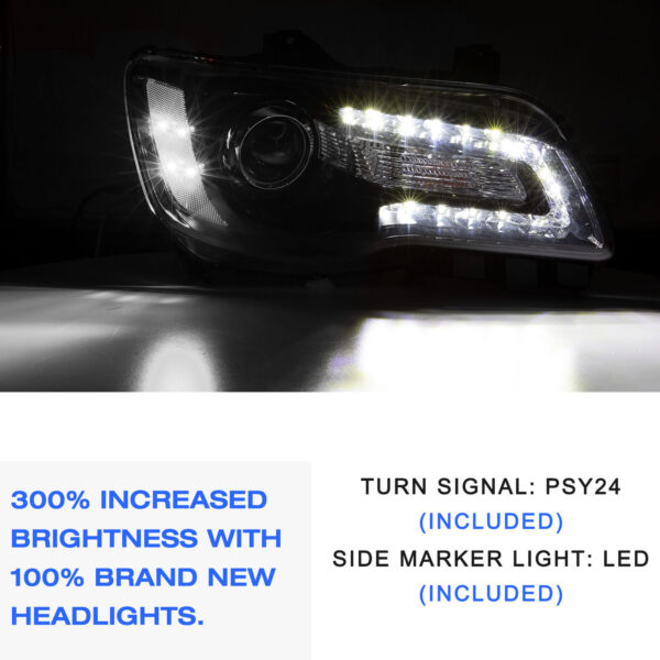 2011-2023 Chrysler 300 Halogen LED DRL Headlights Pair Black Headlamps - Image 4