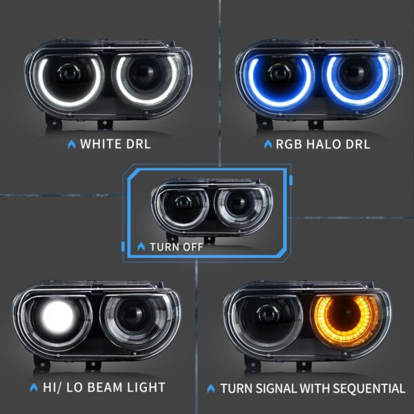 VLAND RGB LED 2* Headlights For Dodge Challenger 2008-2014 Assembly Sequential - Image 3