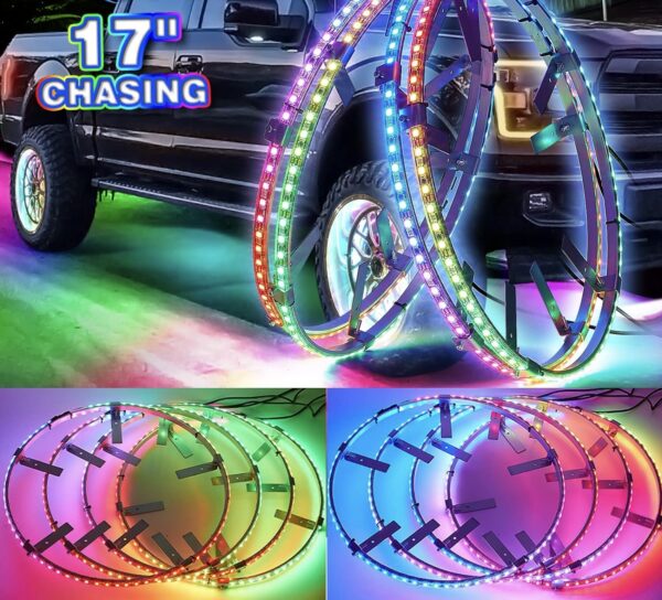Universal Rim Wheel Ring lights - OTOMO 17" Wheel Ring Lighting Kit DREAMCOLORS with APP&IR, 288LED Chaser Flows Dancing Color Neon Rim Light with Turn & Braking Signal 4 Truck Car SUV (Rotor Brake Dia≤15", Rim Inner Edge Dia≥21")