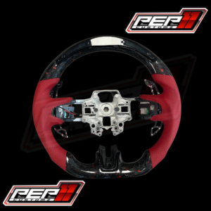 Mustang 2018-2023+ LED Wheel, forged carbon fiber with red flakes, red leather, black stitching (DOES NOT INCLUDE PADDLE SHIFTERS)