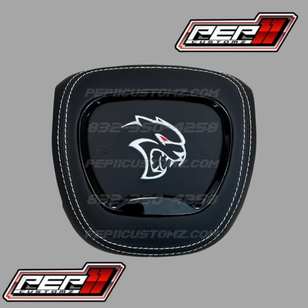 Hellcat with Red Eye Black Leather White Stitch Airbag Cover