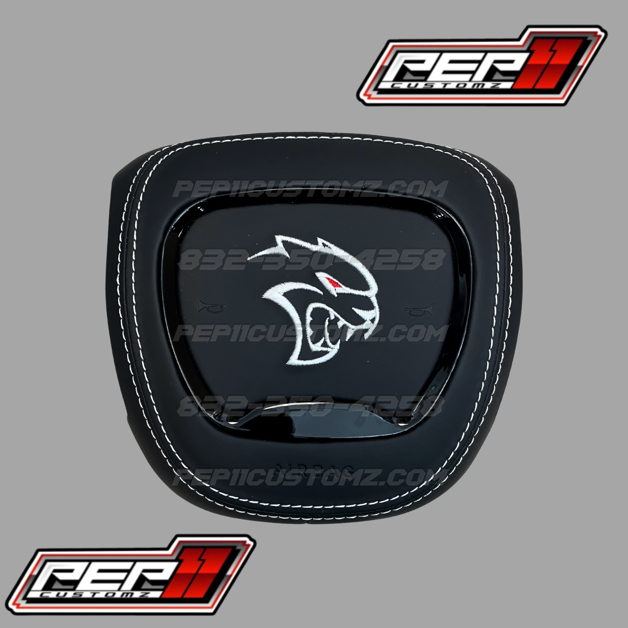 Hellcat with Red Eye Black Leather White Stitch Airbag Cover